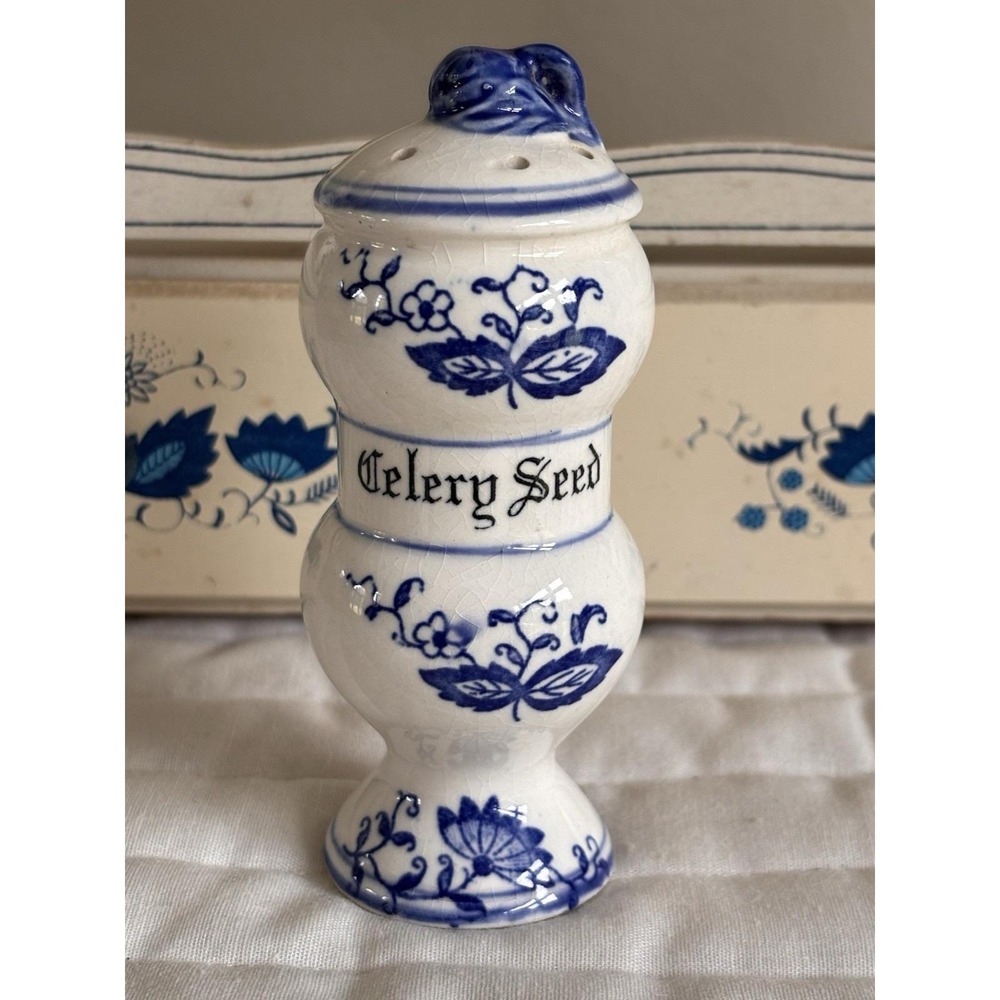 1950s Arnart Blue Onion Porcelain Spice Jars with Wooden Wall Rack & Drawers - Picture 8 of 16